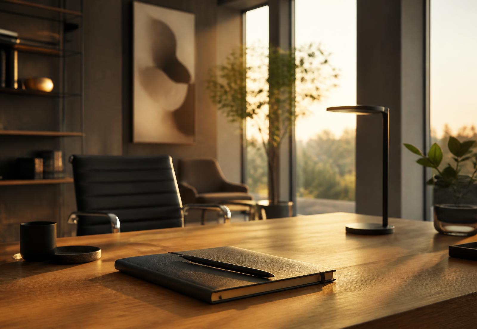 Quiet modern office desk with a notebook, representing the operating side of building businesses